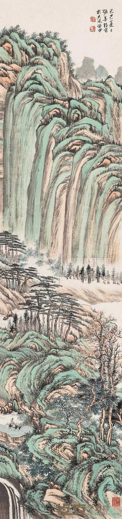 张善孖 1929年作 春山行旅 立轴 169×40cm